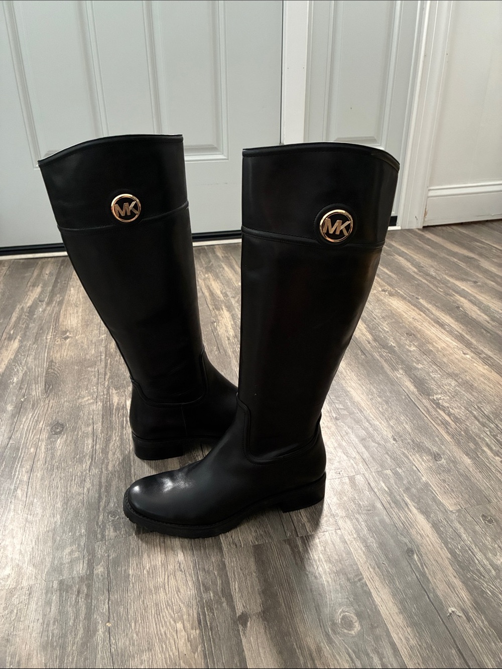 Michael Kors Black Leather MK-Emblem Knee-High Riding Boots